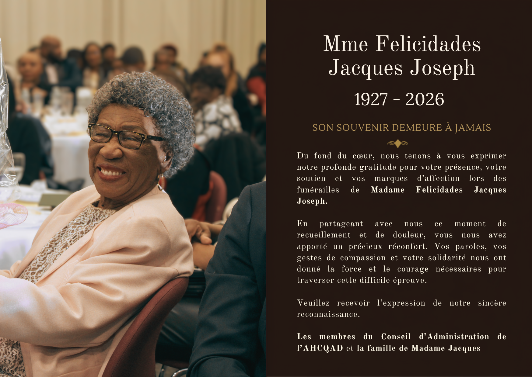 En mémoire de Mme Felicidades Jacques Joseph : mot de remerciements